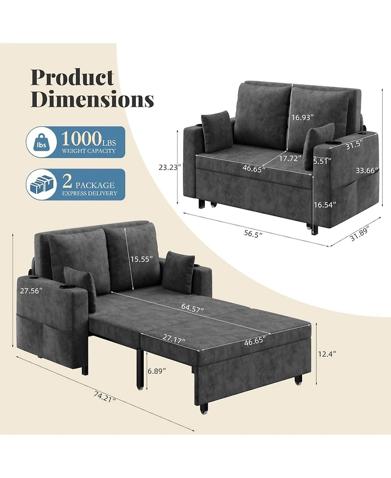 gaomon 3 in 1 Pull Out Couch, 56 Inch Convertible Sleeper Sofa Bed, Loveseat Sofa Couch with Cup Holders, Modern Loveseat for Living Room