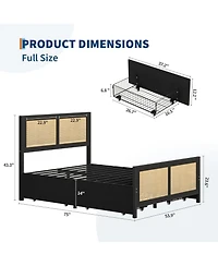 Gaomon Rattan Bed Frame with Headboard, Boho Cane Platform Full Size Bed Frame with 4 Drawers, Strong Metal Slats Support, Noise Free