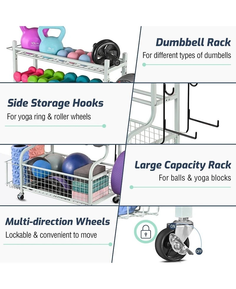 Home Gym Storage for Dumbbells,Yoga Mat and Balls, Adjustable width,All in One Workout Storage with Wheels and Hooks,Steel
