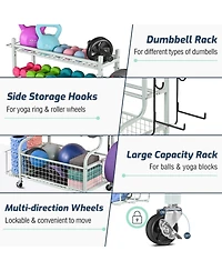 Home Gym Storage for Dumbbells,Yoga Mat and Balls, Adjustable width,All in One Workout Storage with Wheels and Hooks,Steel