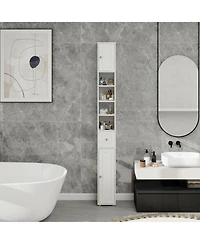 Rainsken Tall Slim Bathroom Storage Cabinet, Freestanding Wooden Tower Cabinet with 2 Doors, 1 Drawer and 4 Adjustable Shelves for Small Spaces