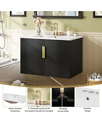 Sillysis 30" Wall Mounted Bathroom Vanity with Sink, Modern Striped Cabinet Adjustable Storage & Ceramic Basin for Small Bathrooms