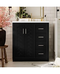 Sillysis 30" Bathroom Vanity with Ceramic Sink, 3 Drawers & Soft Close Doors, Solid Wood Cabinet for Ample Storage