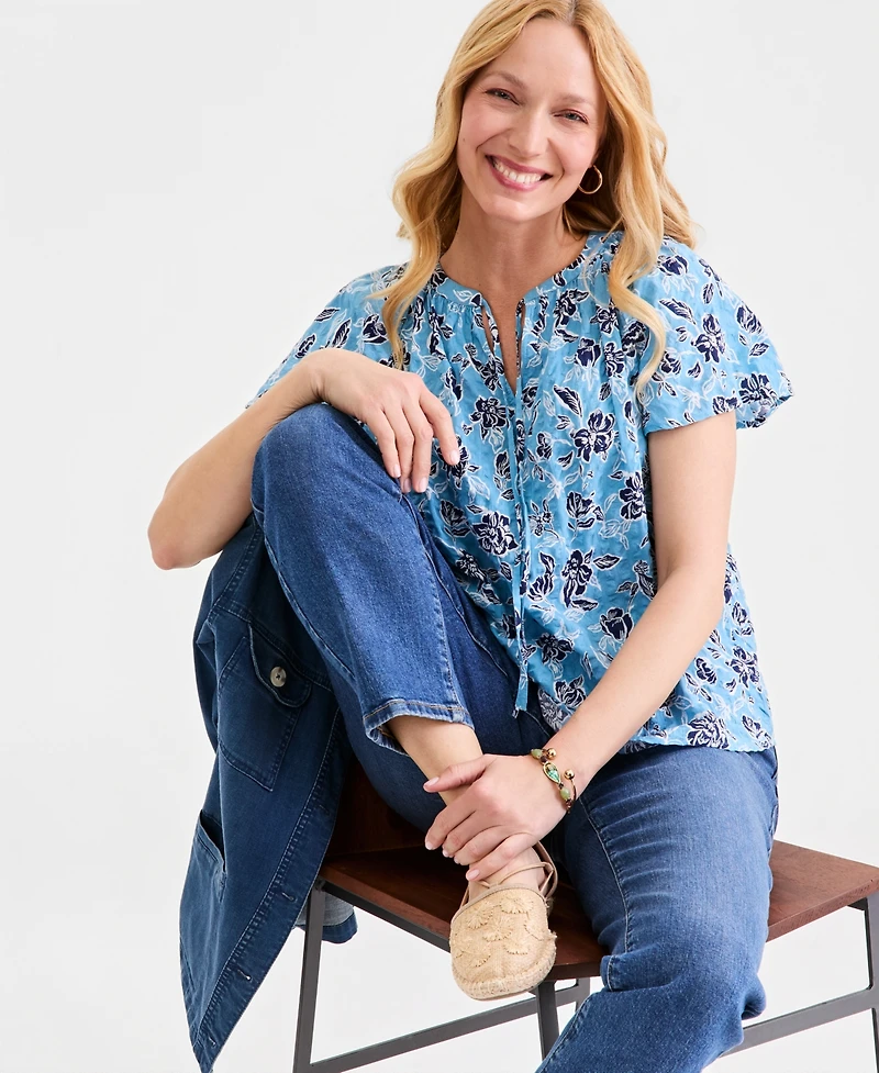 Style & Co Women's Printed Seersucker Flutter-Sleeve Top, Macy's Exclusive