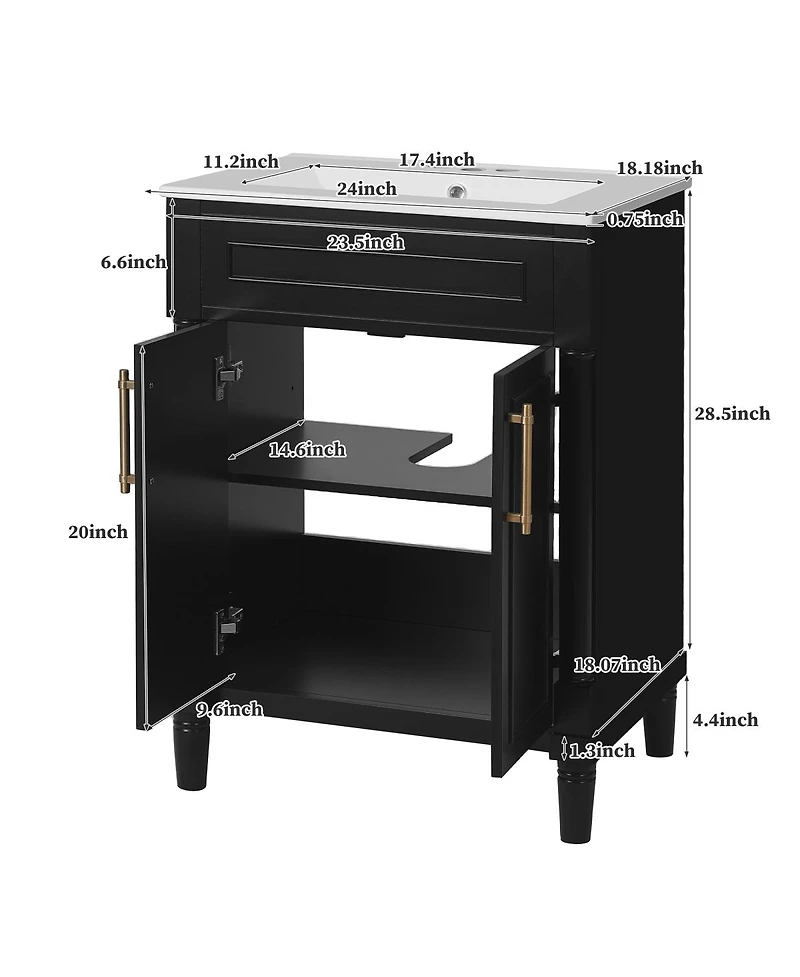 Sillysis 24" Bathroom Vanity with Curved Ceramic Sink, Adjustable Shelf 2-Door Storage for Small Modern Bathrooms