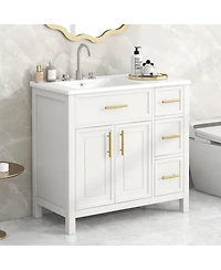 Sillysis 36" Bathroom Vanity with Left Ceramic Sink, Solid Wood & Mdf Cabinet, Ample Storage Drawers, Modern Freestanding