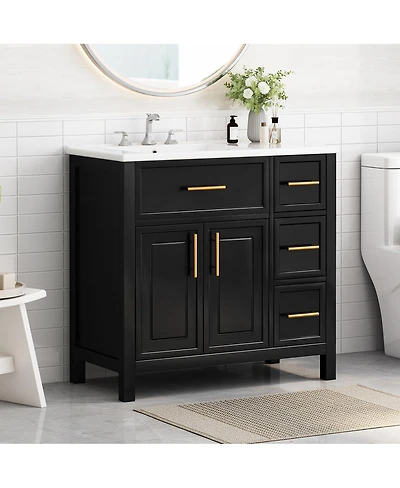 Sillysis 36" Bathroom Vanity with Left Ceramic Sink, Solid Wood & Mdf Cabinet, Ample Storage Drawers, Modern Freestanding