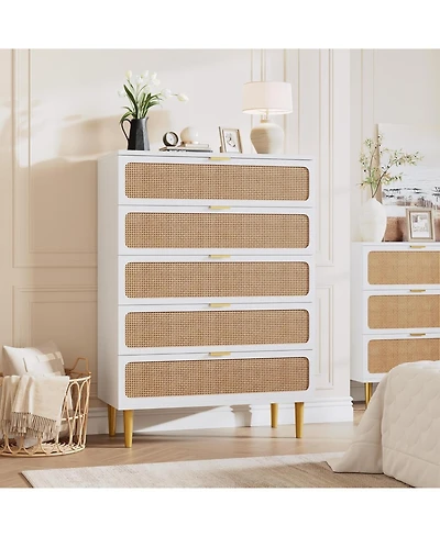 gaomon Rattan 5 Drawer Dresser, Tall Wooden Chest with Deep Drawers for Living Room