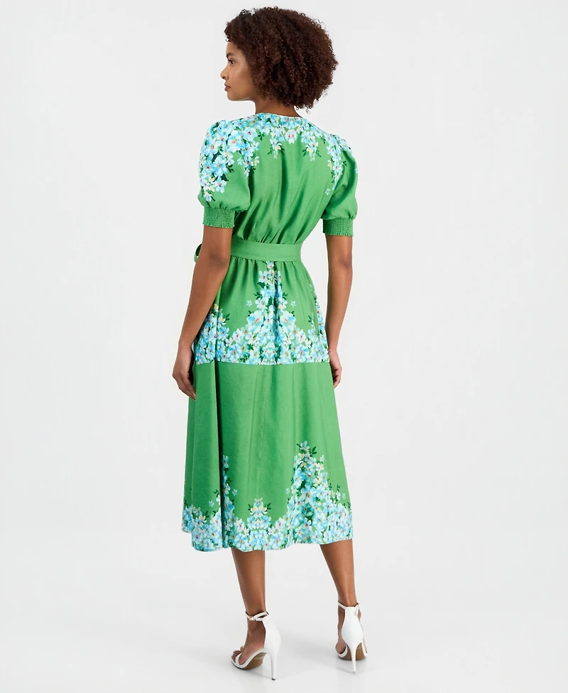 T Tahari Women's Belted Printed Button-Front Midi Dress