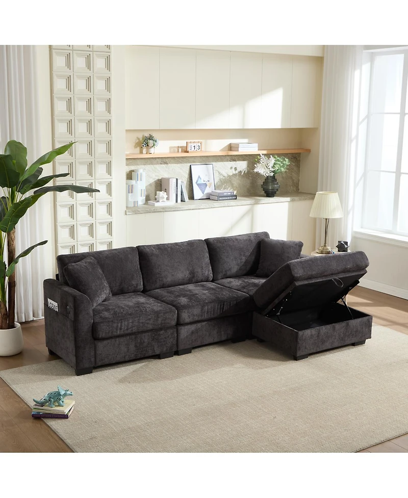 Streamdale Furniture Modern Storage Sofa with Dual Usb, 2 Side Pockets, Ottoman Storage Bench