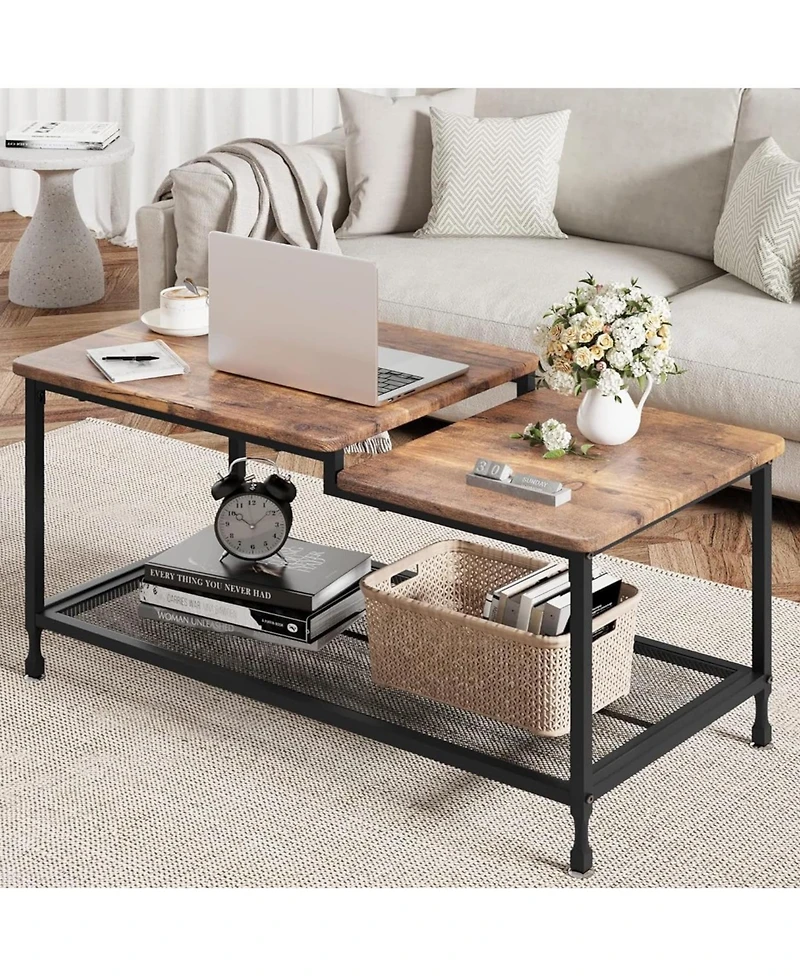 gaomon Coffee Table Industrial Living Room Table 2-Tier Rustic Center Table with Mesh Shelf Rectangle Storage Cocktail Table Metal Frame