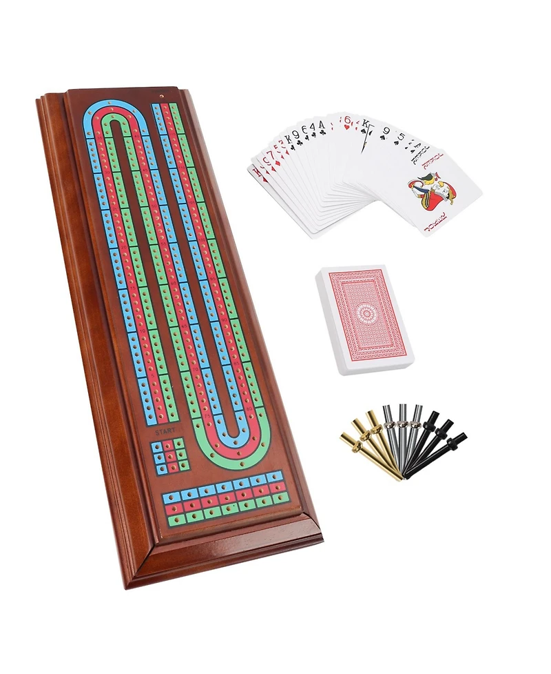 Gse Games & Sports Expert Multi Color 3-Track Wooden Cribbage Board Box with 2 Deck Playing Cards, 9 Metal Pegs and Drawer