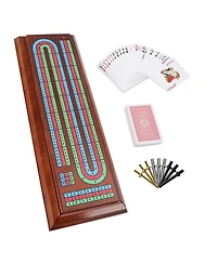 Gse Games & Sports Expert Multi Color 3-Track Wooden Cribbage Board Box with 2 Deck Playing Cards, 9 Metal Pegs and Drawer