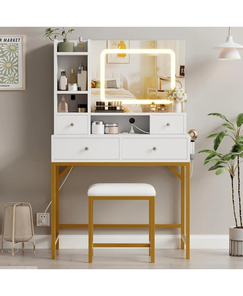 gaomon Vanity Desk with Mirror - 3 Adjustable Lighting Mode Makeup Vanity - Modern Dressing Table and Stool with Charging Station