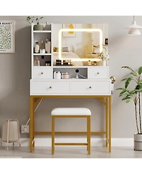 gaomon Vanity Desk with Mirror - 3 Adjustable Lighting Mode Makeup Vanity - Modern Dressing Table and Stool with Charging Station