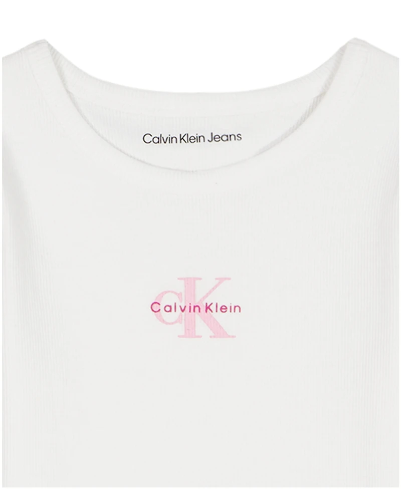 Calvin Klein Girls' 2T-6X Ribbed Logo T-Shirt and Fold-Over Waist Shorts, 2-Piece Set