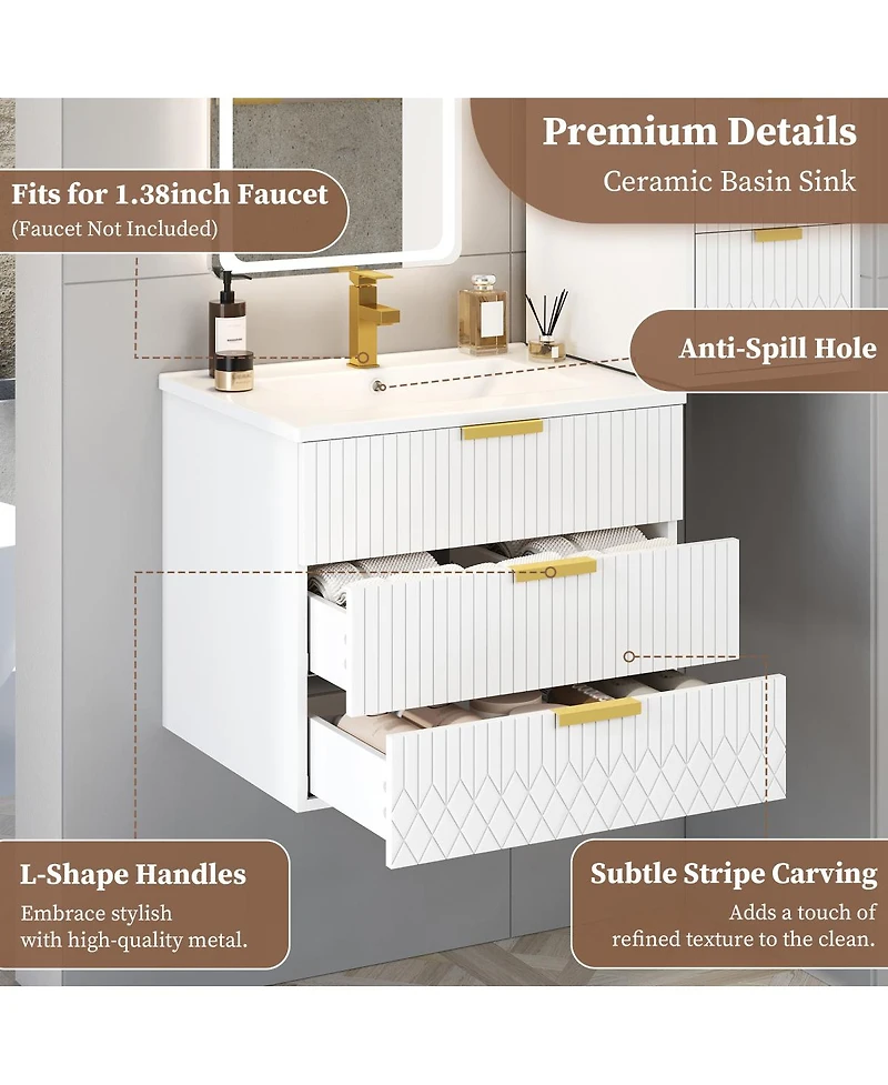 Sillysis 24"Wall Mounted Bathroom Vanity with Ceramic Sink & Double Drawers, Stripe Design for Small Bathrooms