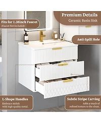 Sillysis 24"Wall Mounted Bathroom Vanity with Ceramic Sink & Double Drawers, Stripe Design for Small Bathrooms