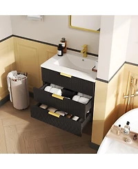 Sillysis 24"Wall Mounted Bathroom Vanity with Ceramic Sink & Double Drawers, Stripe Design for Small Bathrooms