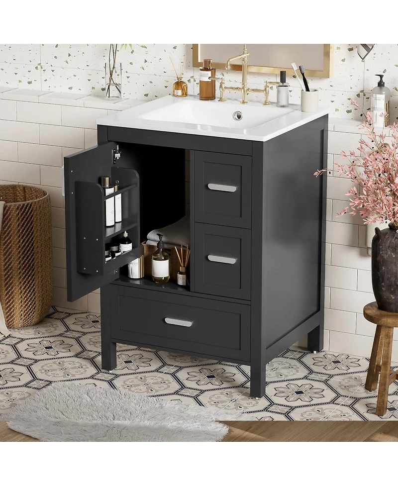 Sillysis 24" Modern Bathroom Vanity with Ceramic Sink, Soft Close Cabinet & Ample Storage for Small Spaces