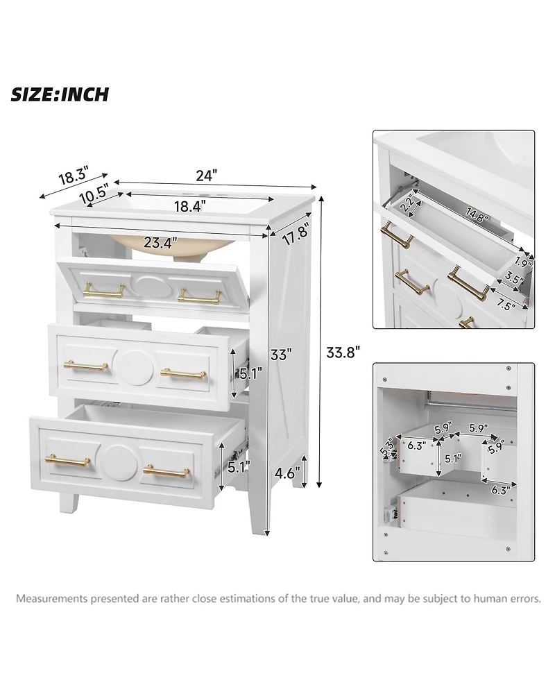 Sillysis 24 Inch Bathroom Vanity with Ceramic Sink, Retro Solid Wood Cabinet, 3 Soft Close Drawers for Small Bathrooms