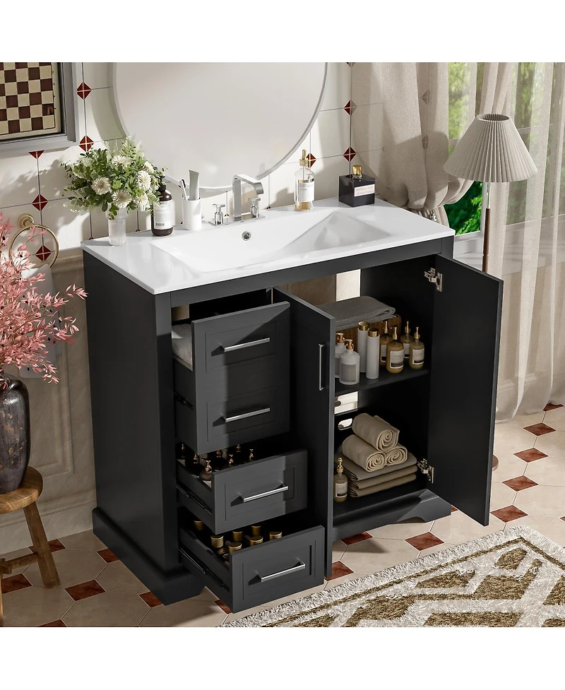 Sillysis 36" Modern Bathroom Vanity with Ceramic Sink, Solid Wood Frame & Soft Close Drawers for Small Spaces