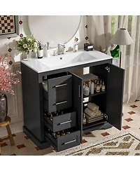 Sillysis 36" Modern Bathroom Vanity with Ceramic Sink, Solid Wood Frame & Soft Close Drawers for Small Spaces
