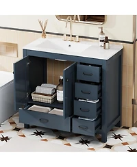 Sillysis 36" Bathroom Vanity with Sink, Solid Wood Cabinet & 5 Drawers Storage, Modern Freestanding Bath for Small Spaces