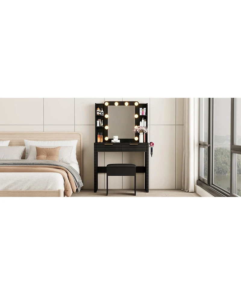 Streamdale Furniture Makeup Vanity Desk with Hollywood Bulbs, Charging Station & Stool