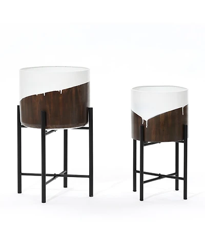 LuxenHome 2-Piece White and Brown Metal Cachepot Planters Set with Black Stands