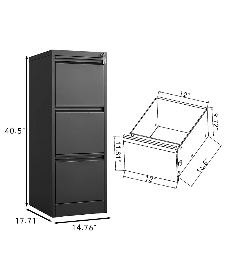 Rainsken 3 Drawer File Cabinet, Vertical Metal File Cabinet with Lock