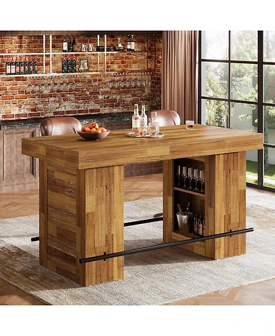 Tribesigns 63-Inch Bar Table with Storage Shelves, Counter Height Pub Table with Metal Footrest, Rectangular High Top Home Bar Units