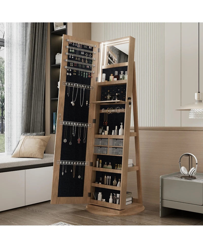 Rainsken 360°Swivel Jewelry Cabinet, Standing Jewelry Armoire Organizer, Lockable Storage Cabinet with Full Length Mirror, Display Shelves