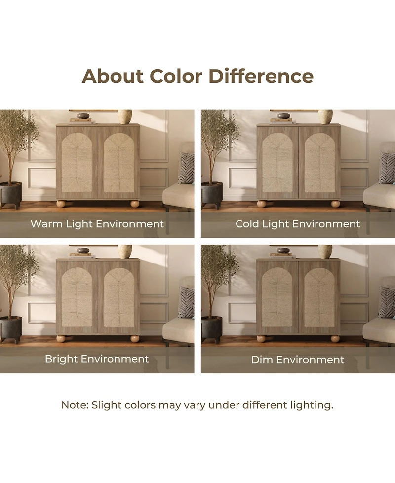 LuxenHome 2-Door Natural Oak Finish Manufactured Wood Cabinet, Pine Round Ball Legs