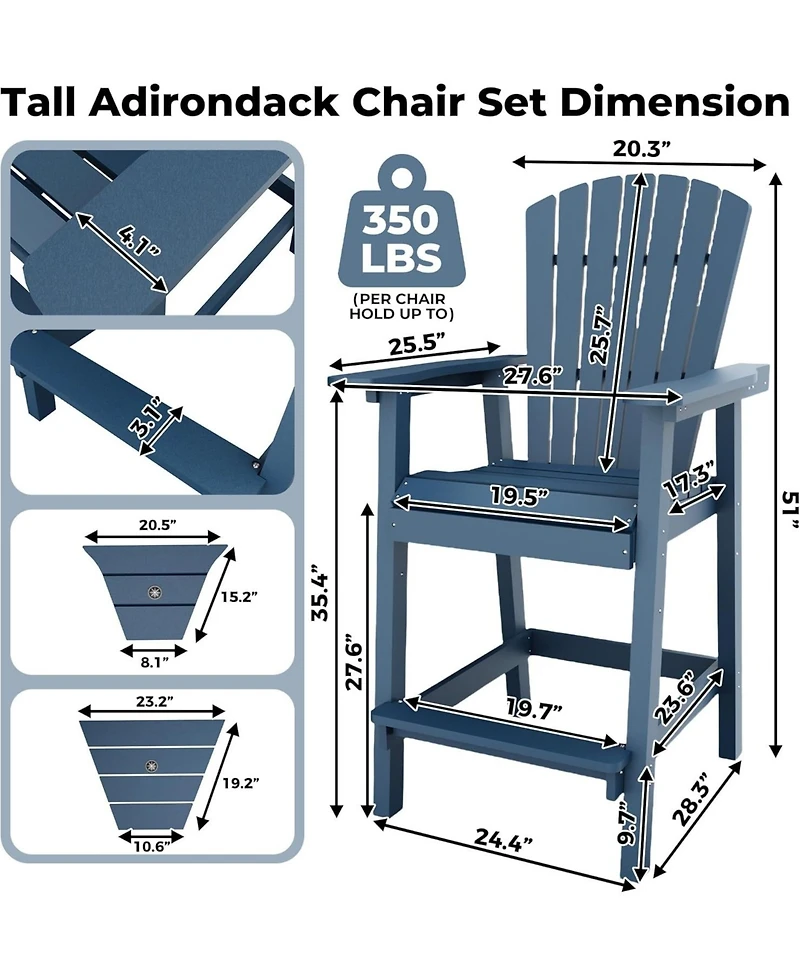 gaomon Outdoor Poly Adirondack Barstools With Connecting Tray, Patio High Adirondack Chairs for Deck, Backyard, Balcony