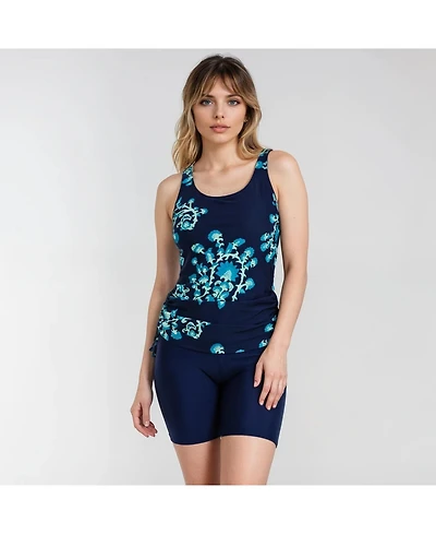 Calypsa Women's Maya Tankini Swim Top With Removable Cups and High Waisted Mid-Thigh Shorts