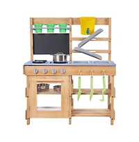 Slickblue Wooden Outdoor Mud Kitchen with Stoves, Hooks, and Cookware