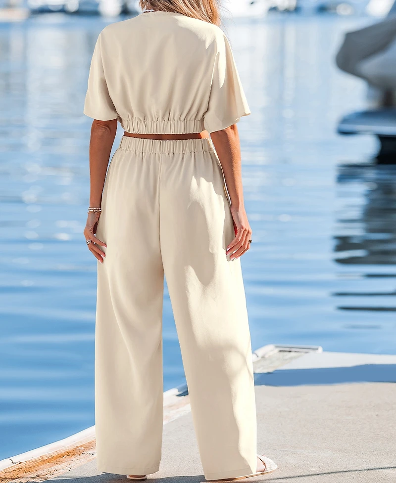 Cupshe Women's Short Sleeve Crop Top & Wide-Leg Pants Matching Set
