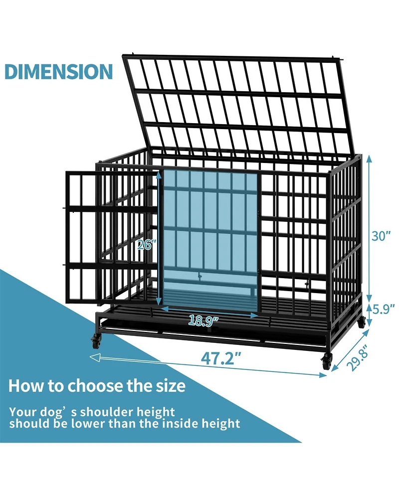 Aostirmotor Heavy-Duty Dog Crate with Wheels - Folding, Secure Cage with Removable Tray