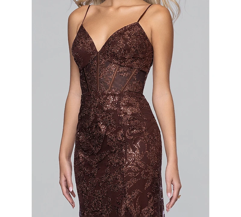 Blondie Nites Juniors' V-Neck Glitter Lace-Up Gown