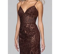 Blondie Nites Juniors' V-Neck Glitter Lace-Up Gown