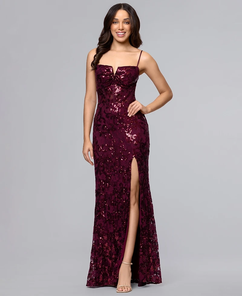 Blondie Nites Juniors' V-Neck Sequin Lace-Up Gown