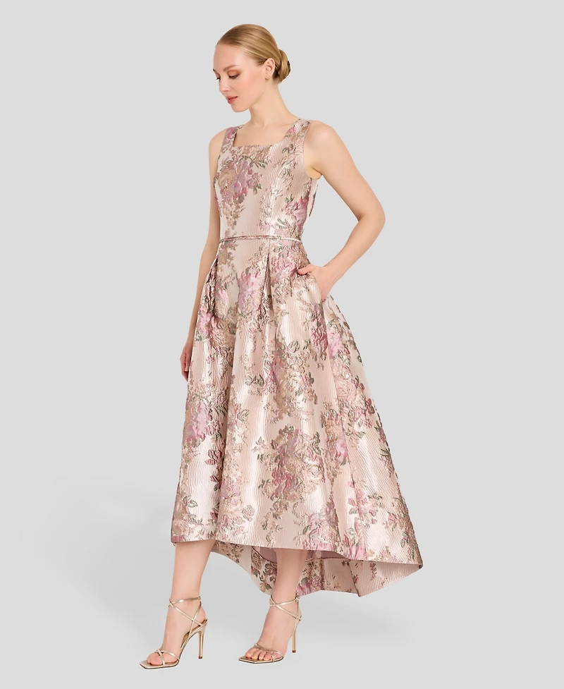 Tahari Asl Women's Metallic Jacquard High-Low Square Neck Dress