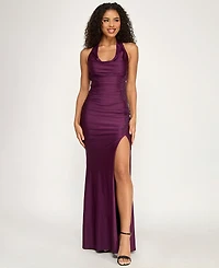 City Studios Women's Halter Neck Ruched Satin Maxi Dress