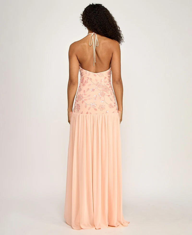 City Studios Women's Halter Sequin Chiffon Maxi Dress