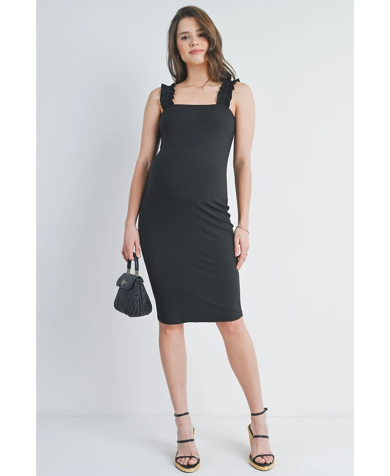 Hello Miz Maternity Ribbed Square Neck Ruffle Strap Dress