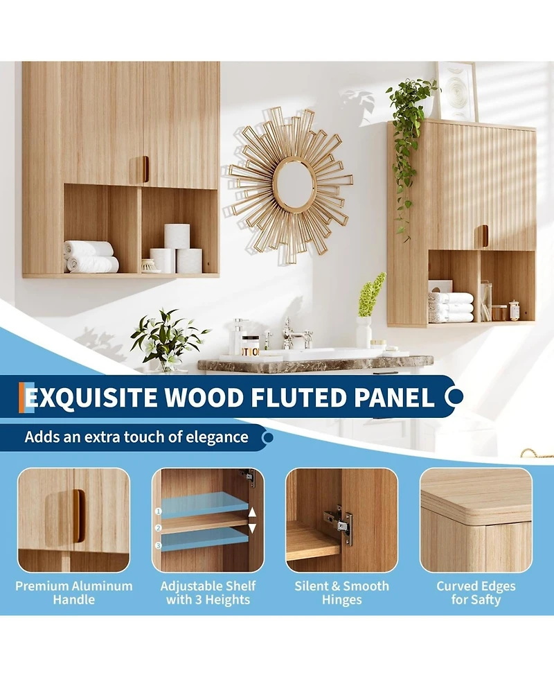 gaomon Fluted Wooden Bathroom Wall Cabinet, 23"x29", Over Toilet Storage, Adjustable Shelf, Soft-Close Hinges