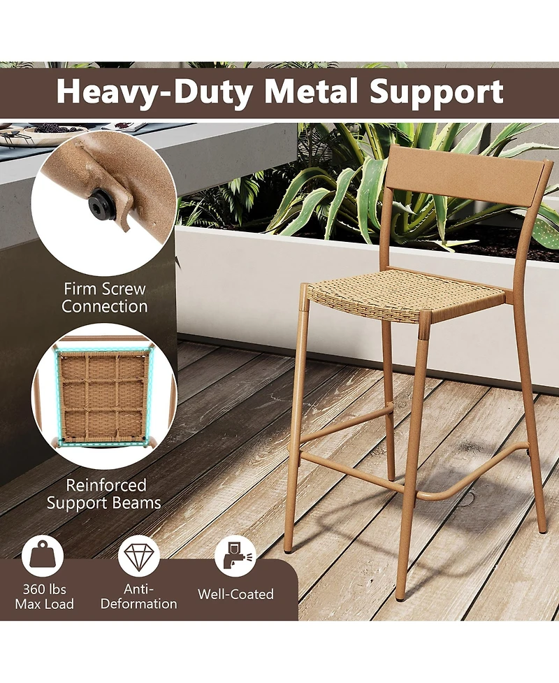 Gymax 4PCS Patio Barstools Outdoor Bar Height Chairs w/ Rattan Seat & Metal Backrest