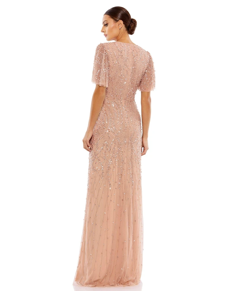 Mac Duggal Petite Embellished Flutter Sleeve Evening Gown