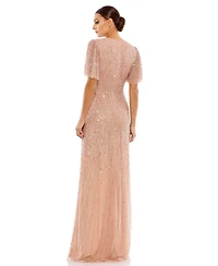 Mac Duggal Petite Embellished Flutter Sleeve Evening Gown